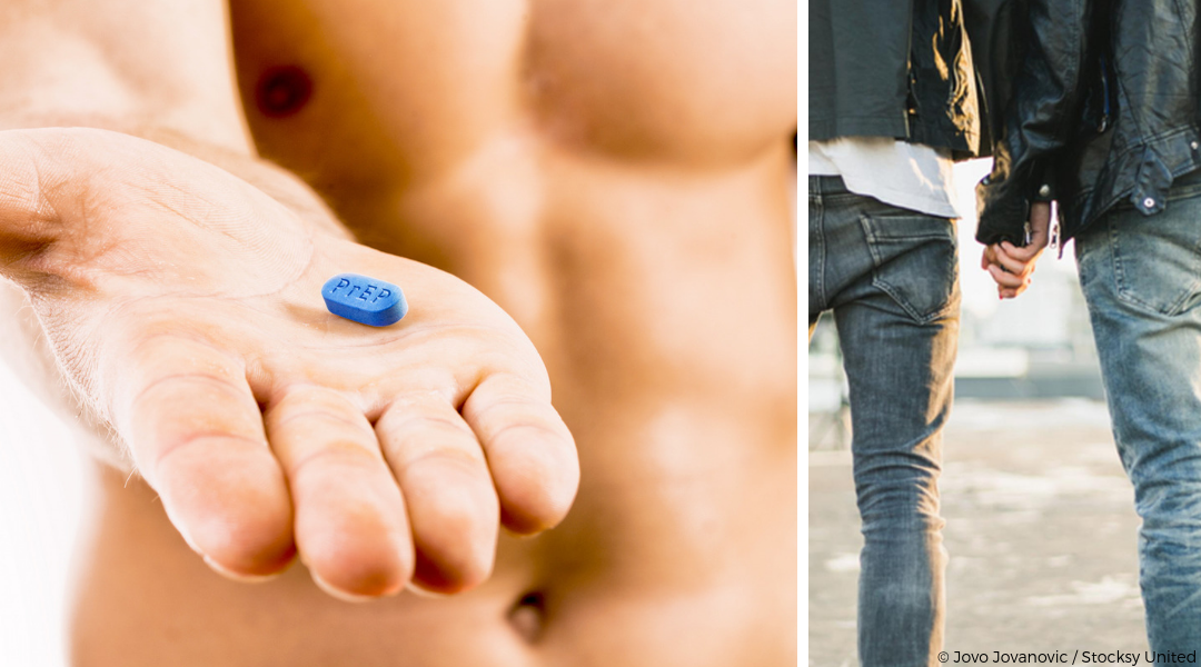 Shirtless muscular guy holding single pill of truvada (pre-exposure prophylaxis or PrEP) on open palm hand on the left and two men in black leather jackets holding hands on the beach on the right