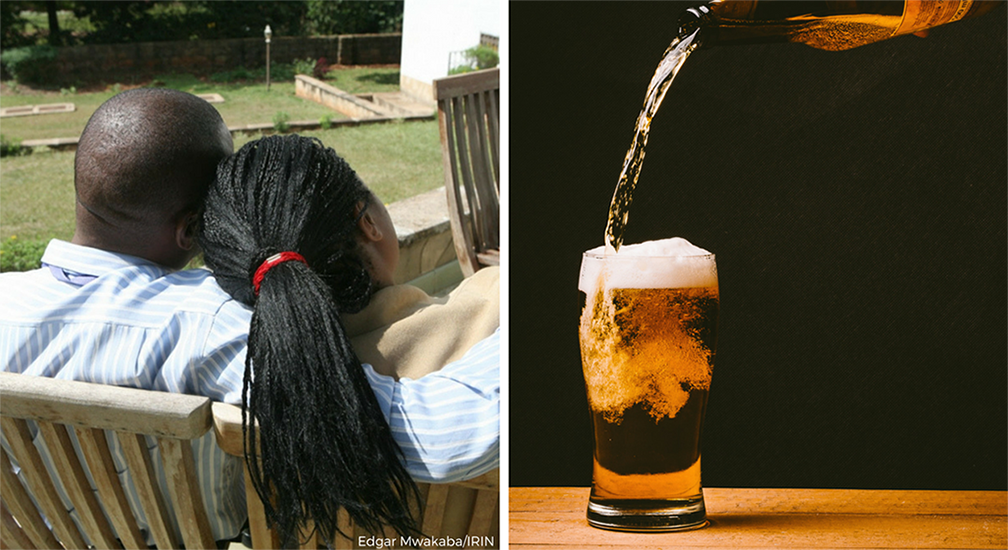 South African couple sitting together with heads against each other on left and beer being poured into full glass on right