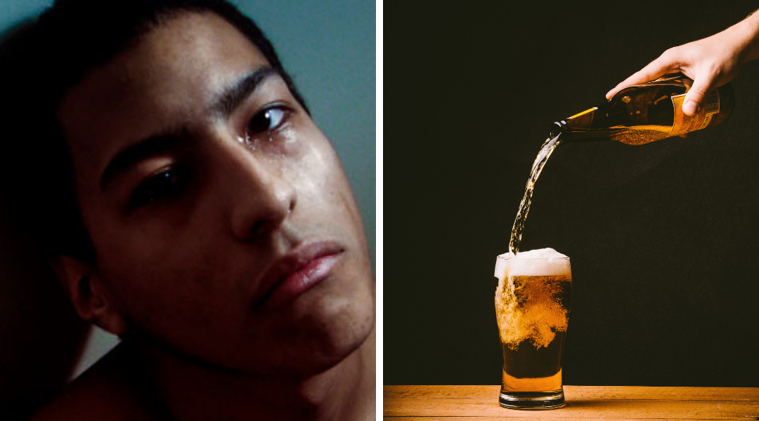 Left is depressed, tearful Latino male youth and right is a hand pouring a beer into glass