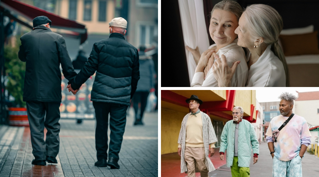 A variety of photos.  Older men holding hands. Older women embracing