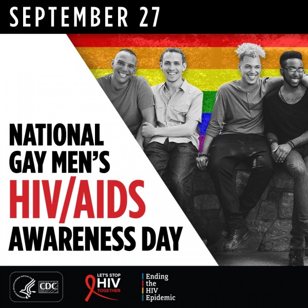 National Gay Men's HIV/AIDS Awareness Day CDC photo showing four men in front of a flag